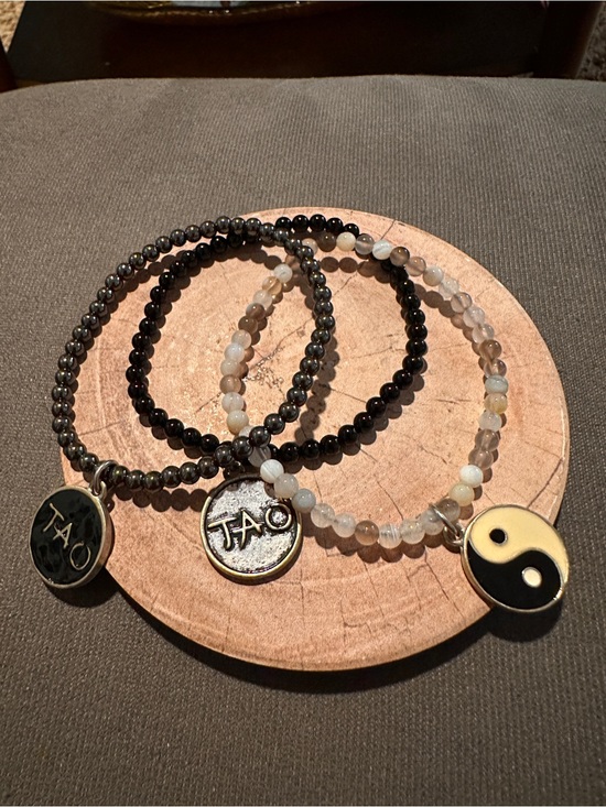 Tao Jewelry - Beaded Bracelet Trio with Yin Yang Charm - Black & Neutral